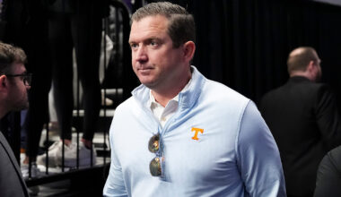 Tennessee's Zakai Zeigler (5) lifts Tennessee head coach Rick Barnes off the ground during Senior Day presentations after a menâ€™s college basketball game between Tennessee and South Carolina at Thompson-Boling Arena at Food City Center, Saturday, March 8, 2025. © Caitie McMekin/News Sentinel / USA TODAY NETWORK via Imagn Images