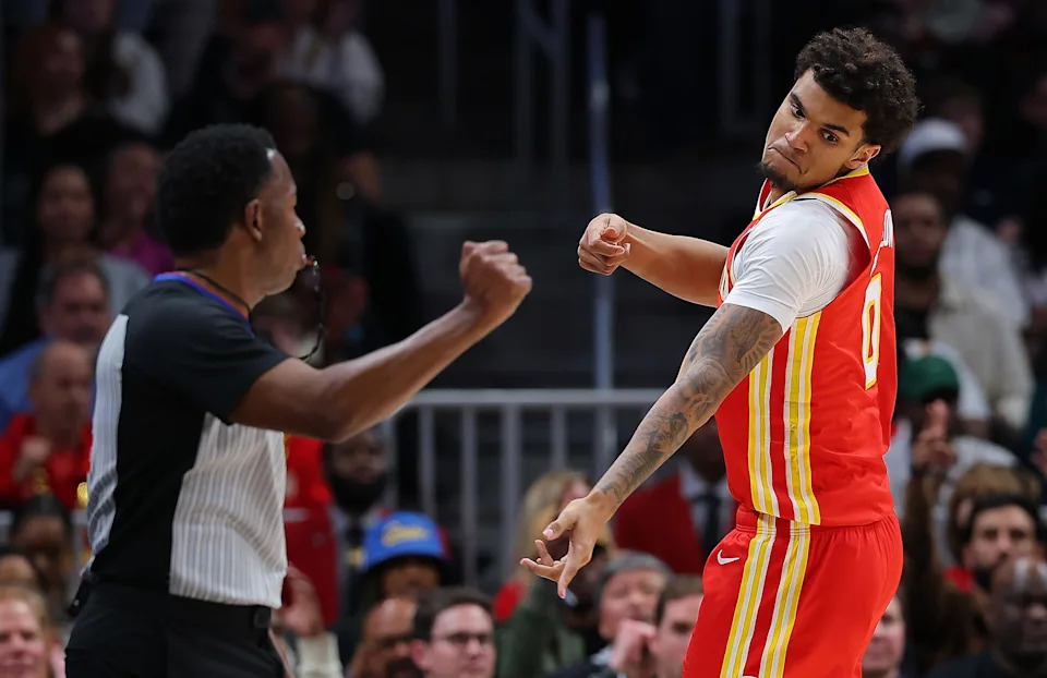 ATLANTA, GEORGIA - FEBRUARY 05: Dominick Barlow #0 of the Atlanta Hawks reacts after hitting a three-point basket against the San Antonio Spurs during the fourth quarter at State Farm Arena on February 05, 2025 in Atlanta, Georgia. NOTE TO USER: User expressly acknowledges and agrees that, by downloading and or using this photograph, User is consenting to the terms and conditions of the Getty Images License Agreement. (Photo by Kevin C. Cox/Getty Images)