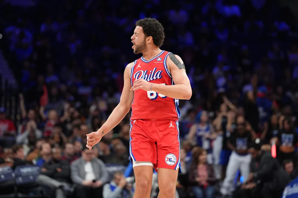 Mar 14, 2025; Philadelphia, Pennsylvania, USA; Philadelphia 76ers forward Alex Reese (65) reacts against the Indiana Pacers in the third quarter at Wells Fargo Center. Mandatory Credit: Kyle Ross-Imagn Images