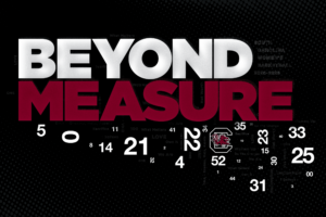 2025-26 women's basketball theme Beyond Measure graphic. Includes themes and numbers of all players during Dawn Staley's tenure