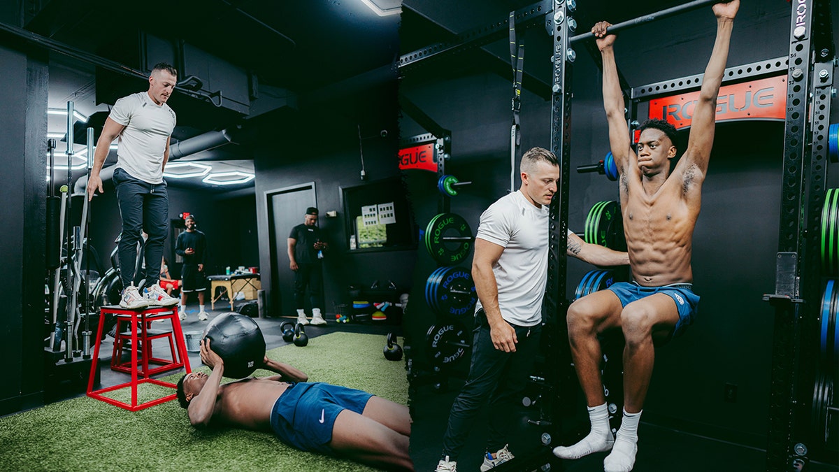 Dr. Chad Teague in a split image working in the gym with elite basketball players