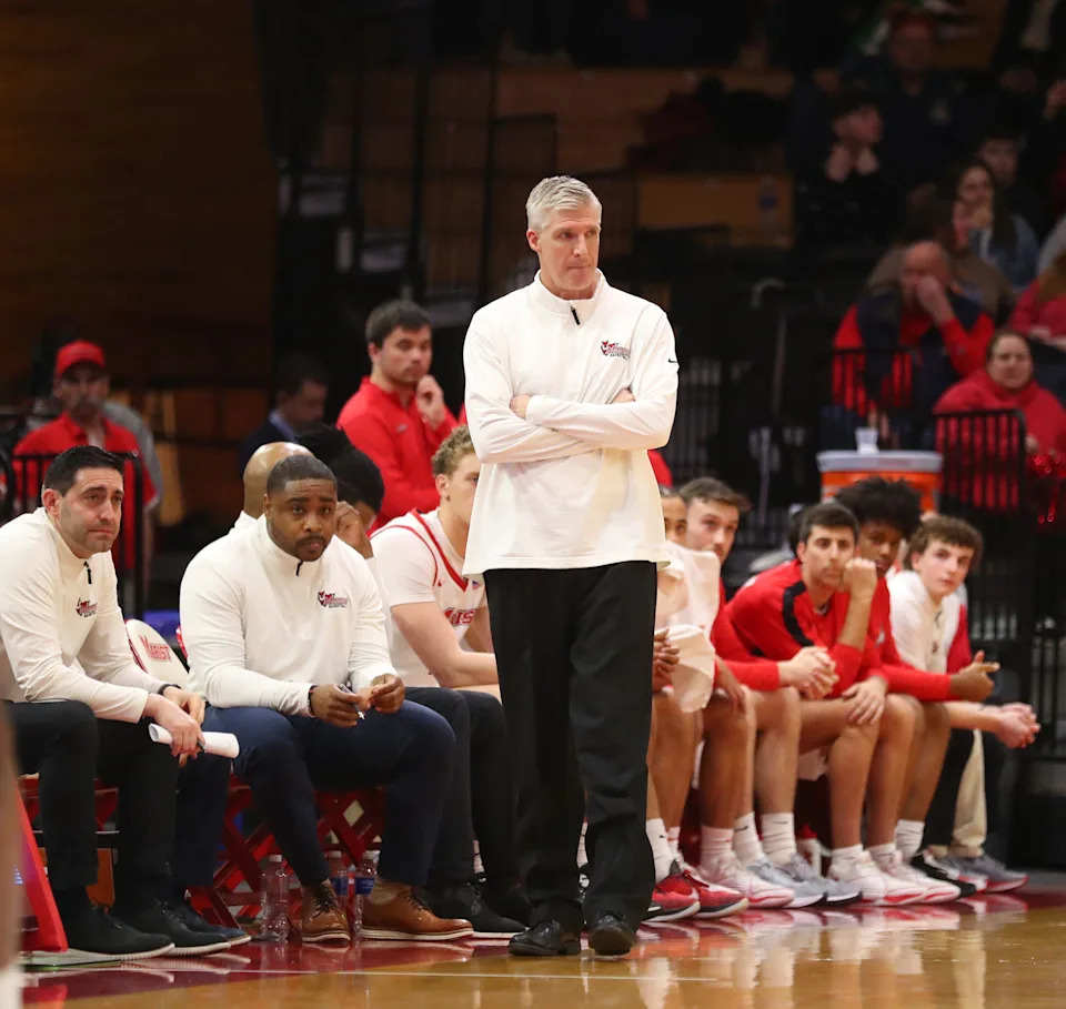 Marist mens basketball head coach John Dunne watches pensively during the game versus Merrimack on March 6, 2025.