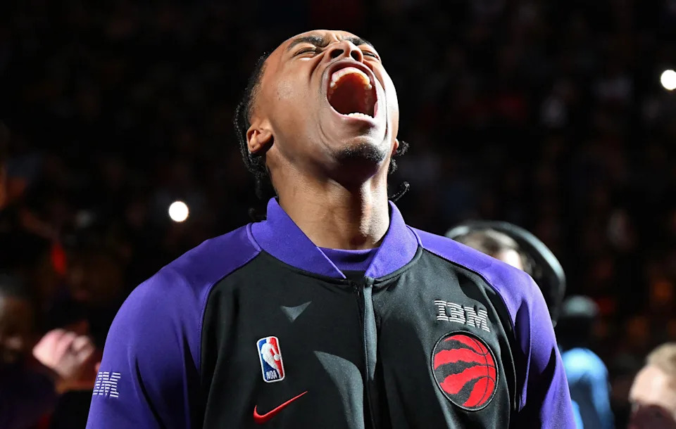 Mar 28, 2025; Toronto, Ontario, CAN; Toronto Raptors forward Scottie Barnes (4) reacts during player introductions before tip off against the Charlotte Hornets at Scotiabank Arena. Mandatory Credit: Dan Hamilton-Imagn Images