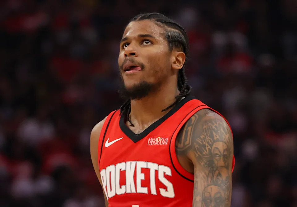 Houston Rockets guard Jalen Green (4) reacts while playing against the Golden State Warriors in the second quarter during game five of first round for the 2025 NBA Playoffs at Toyota Center. Mandatory Credit: Thomas Shea-Imagn ImagesThomas Shea-Imagn Images
