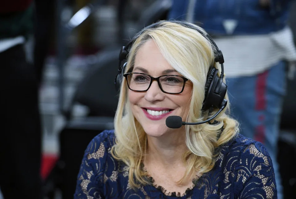 LAS VEGAS, NV - OCTOBER 08: ESPN reporter and analyst Doris Burke broadcasts after a preseason game between the Sacramento Kings and the Los Angeles Lakers at T-Mobile Arena on October 8, 2017 in Las Vegas, Nevada. Los Angeles won 75-69. (Photo by Ethan Miller/Getty Images)