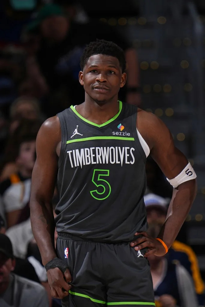 Anthony Edwards #5 of the Minnesota Timberwolves looks on during the game against the Denver Nuggets on April 1, 2025 at Ball Arena in Denver, Colorado. NBAE via Getty Images