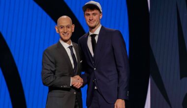 Cooper Flagg (right) poses for a photo with NBA Commissioner Adam Silver after being selected No. 1 overall by the Dallas Mavericks In the first round of the NBA Draft on Wednesday, June 25, 2025, in New York. Flagg played for Montverde Academy in Lake County, then at Duke University, before entering the draft. (AP Photo/Adam Hunger)