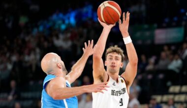 Magic forward Franz Wagner (right), playing for his native Germany, shoots as former Gsators guard Nick Calathes, of Greece, defends during a men's basketball game at the 2024 Summer Olympics, Tuesday, Aug. 6, 2024, in Paris, France. (AP Photo/Michael Conroy)
