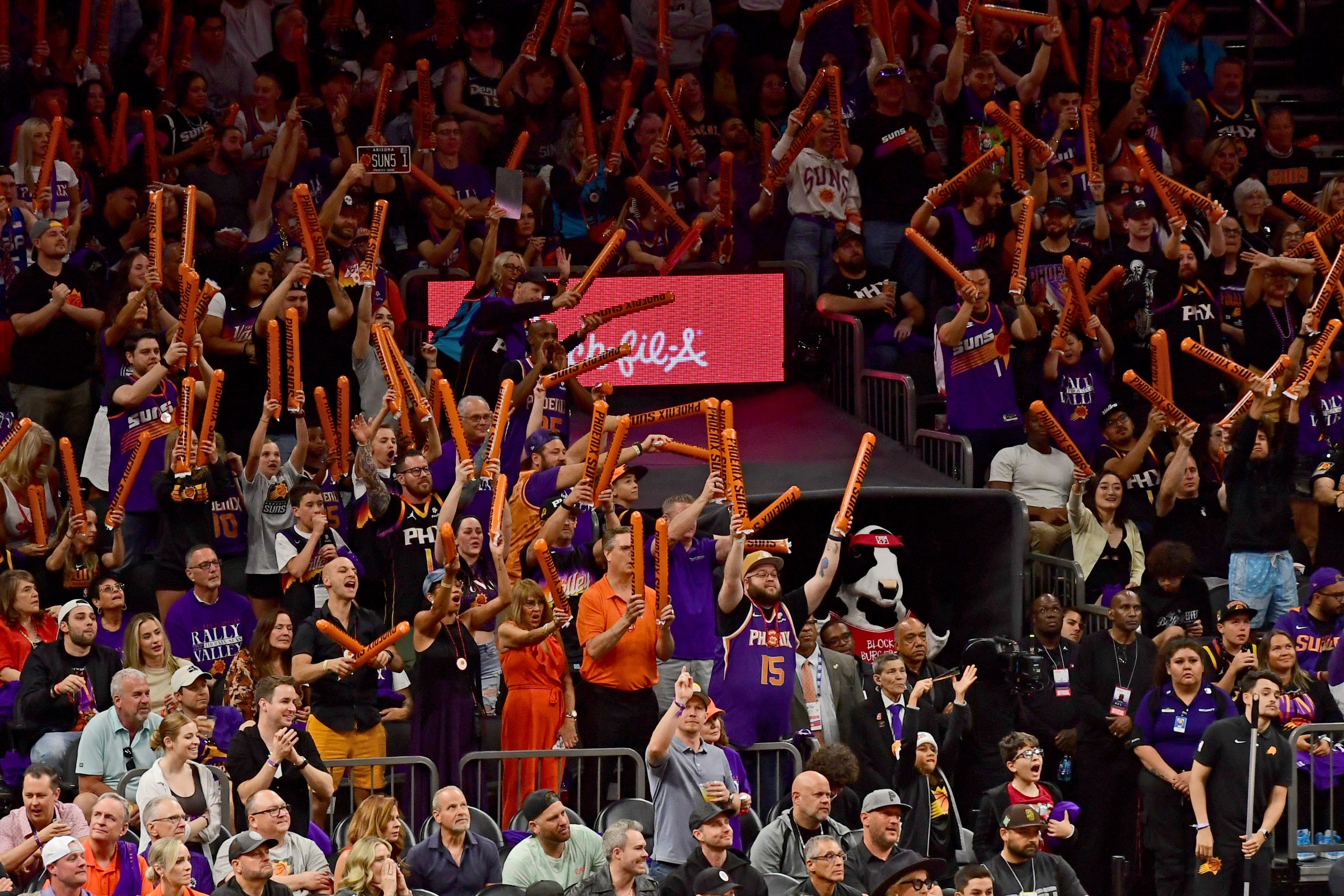 PHOENIX, AZ - MAY 5: Phoenix Suns fans cheer during Game 3 of the 2023 NBA Playoffs Western Conference Semi-Finals against the Denver Nuggets on May 5, 2023 at Footprint Center in Phoenix, Arizona. NOTE TO USER: User expressly acknowledges and agrees that, by downloading and or using this photograph, user is consenting to the terms and conditions of the Getty Images License Agreement. Mandatory Copyright Notice: Copyright 2023 NBAE (Photo by Kate Frese/NBAE via Getty Images)