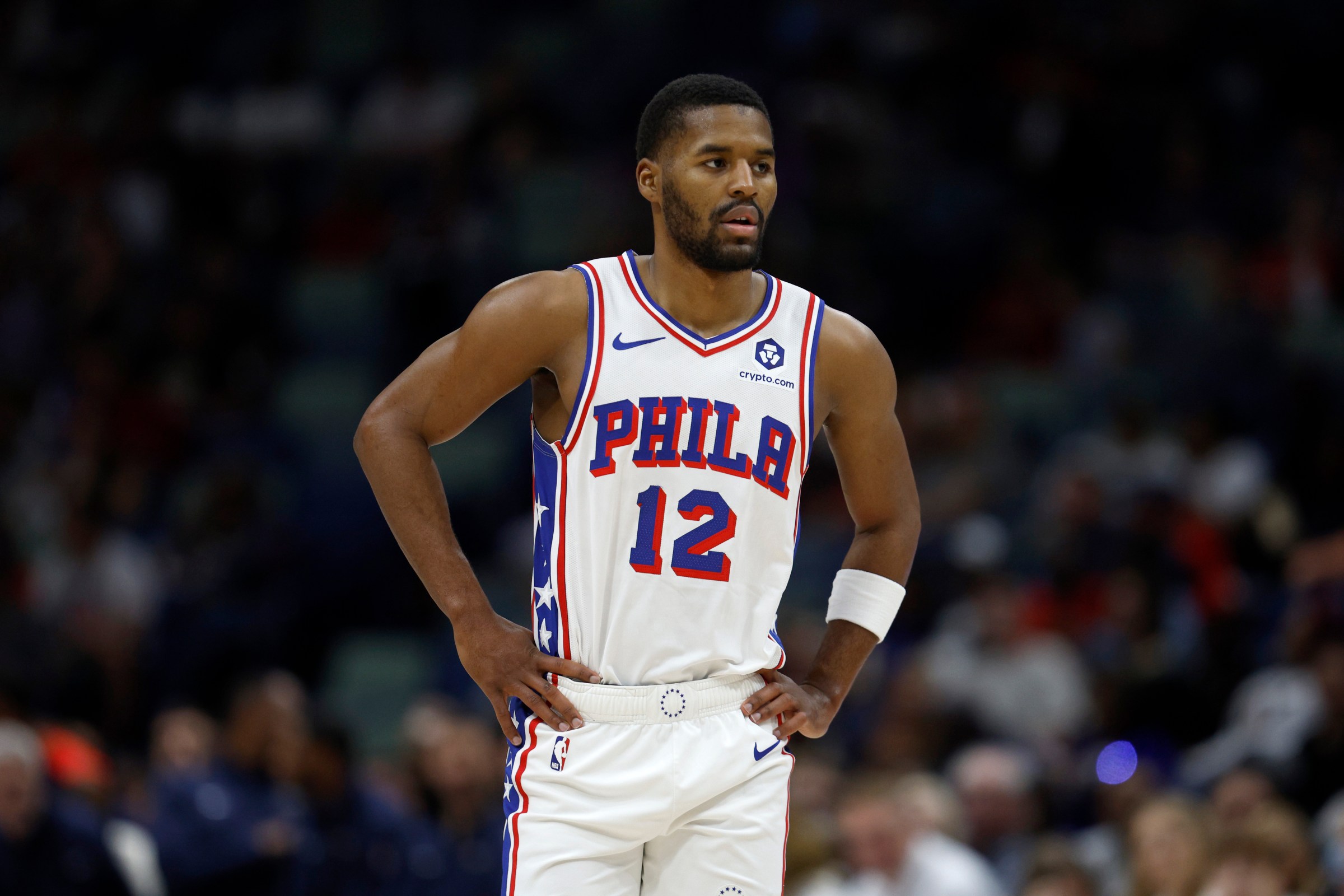 NEW ORLEANS, LOUISIANA - MARCH 24: Jared Butler #12 of the Philadelphia 76ers stands on the court during the first quarter of an NBA game against the New Orleans Pelicans at Smoothie King Center on March 24, 2025 in New Orleans, Louisiana. NOTE TO USER: User expressly acknowledges and agrees that, by downloading and or using this photograph, User is consenting to the terms and conditions of the Getty Images License Agreement. (Photo by Sean Gardner/Getty Images)