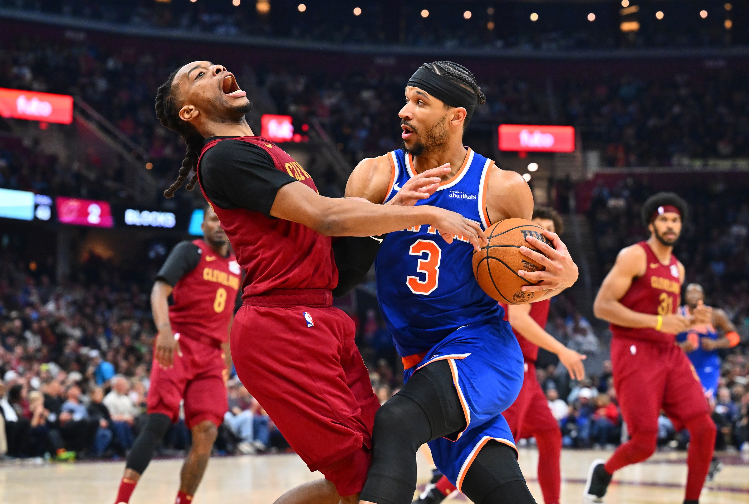 CLEVELAND, OHIO - APRIL 02: Darius Garland #10 of the Cleveland Cavaliers is fouled by Josh Hart #3 of the New York Knicks during the second quarter at Rocket Arena on April 02, 2025 in Cleveland, Ohio. NOTE TO USER: User expressly acknowledges and agrees that, by downloading and or using this photograph, User is consenting to the terms and conditions of the Getty Images License Agreement. (Photo by Jason Miller/Getty Images)