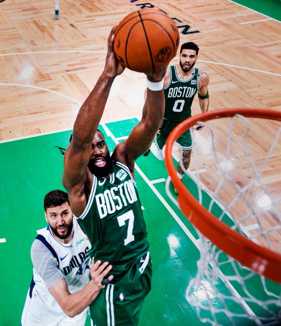 boston, massachusetts june 17 jaylen brown 7 of the boston celtics dunks the ball against the dallas mavericks during the second half in game five of the 2024 nba finals at td garden on june 17, 2024 in boston, massachusetts note to user user expressly acknowledges and agrees that, by downloading and or using this photograph, user is consenting to the terms and conditions of the getty images license agreement photo by peter casey poolgetty images