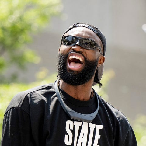 boston, massachusetts june 21 jaylen brown 7 of the boston celtics reacts during the boston celtics victory event parade following their 2024 nba finals win at td garden on june 21, 2024 in boston, massachusetts photo by maddie malhotragetty images