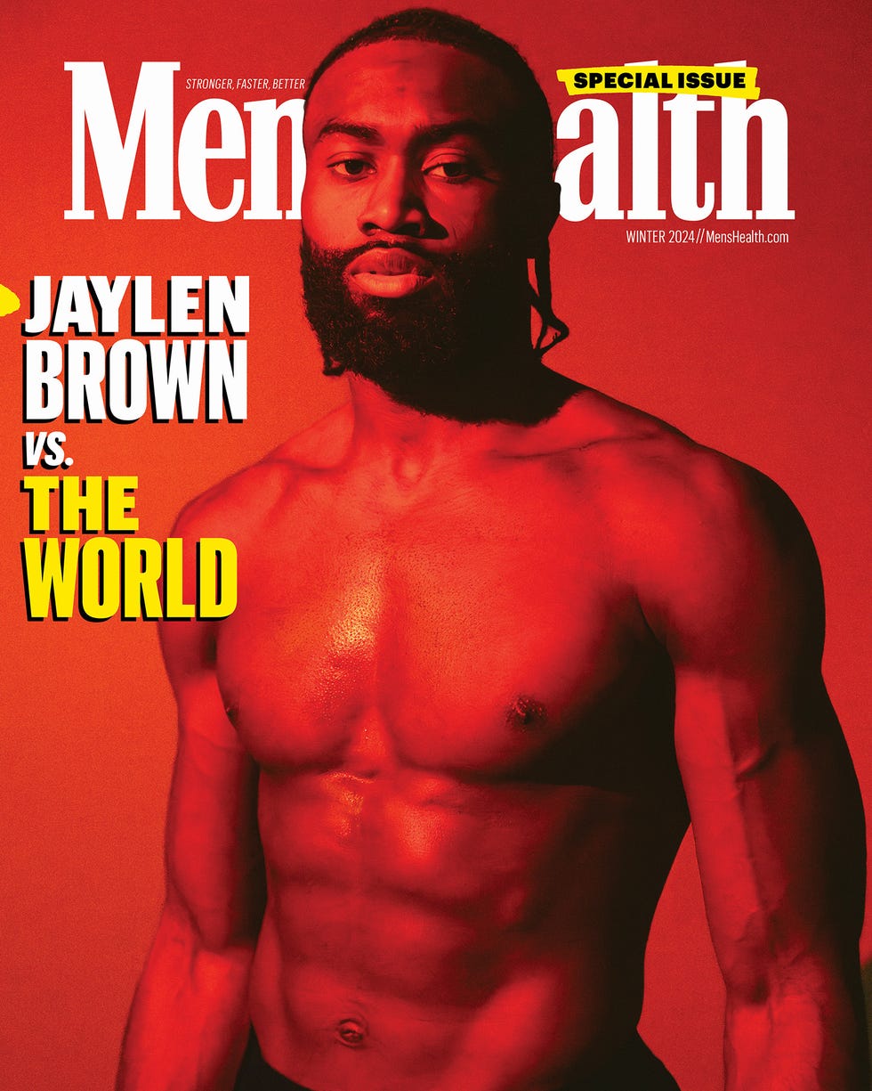 magazine cover featuring a muscular man with a red background