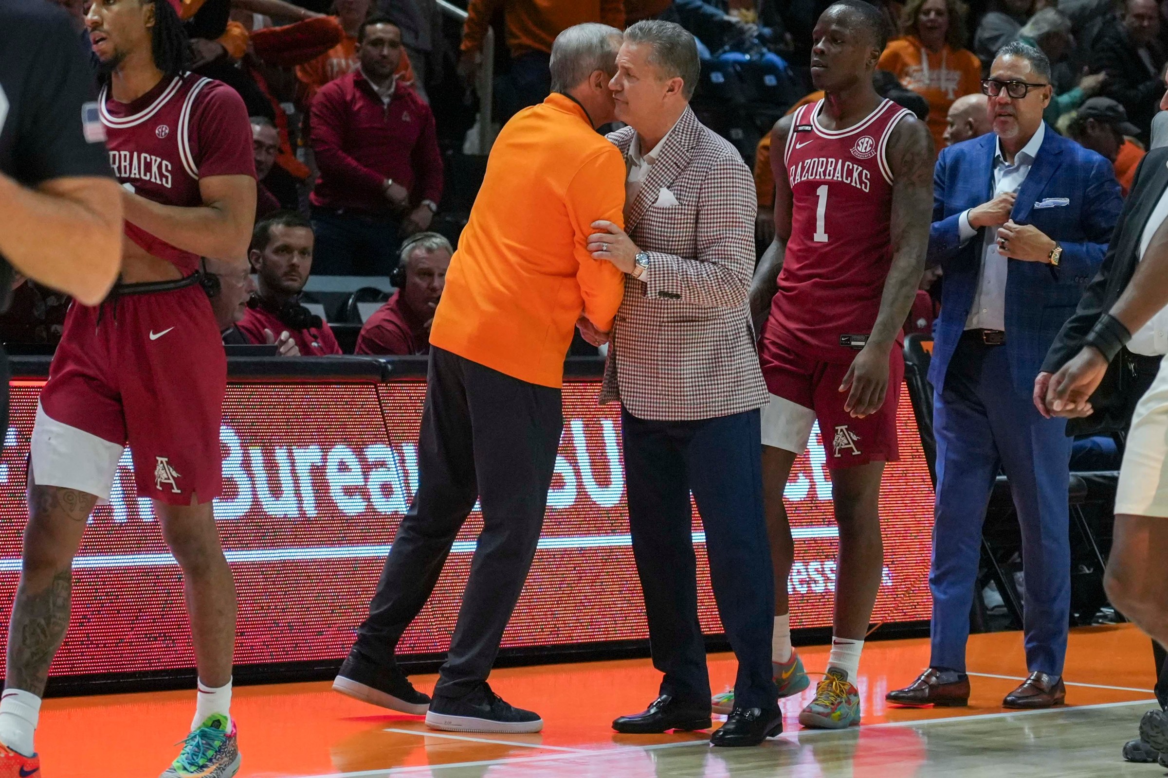 Tennessee head basketball coach Rick Barnes and Arkansas head basketball coach John Calipari meet after Tennessee wins a college basketball against Arkansas held at Thompson-Boling Arena at Food City Center in Knoxville, Tenn., on Saturday, January 4, 2025.