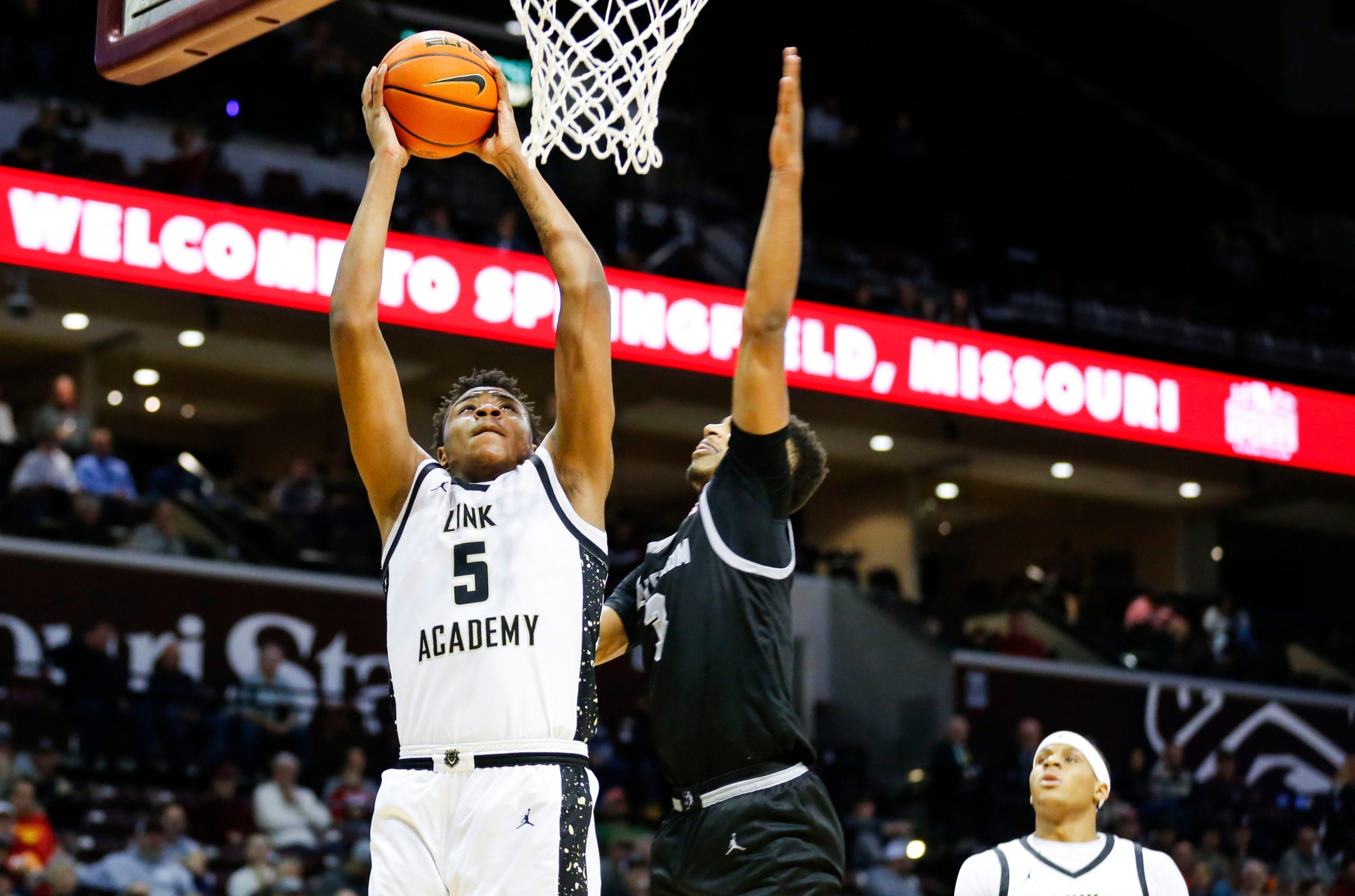Link Academy’s Amare Bynum puts up a basket as the Lions took on the Millennium Tigers (Arizona) in the first round of the Bass Pro Tournament of Champions at Great Southern Bank Arena on Thursday, Jan. 16, 2025.