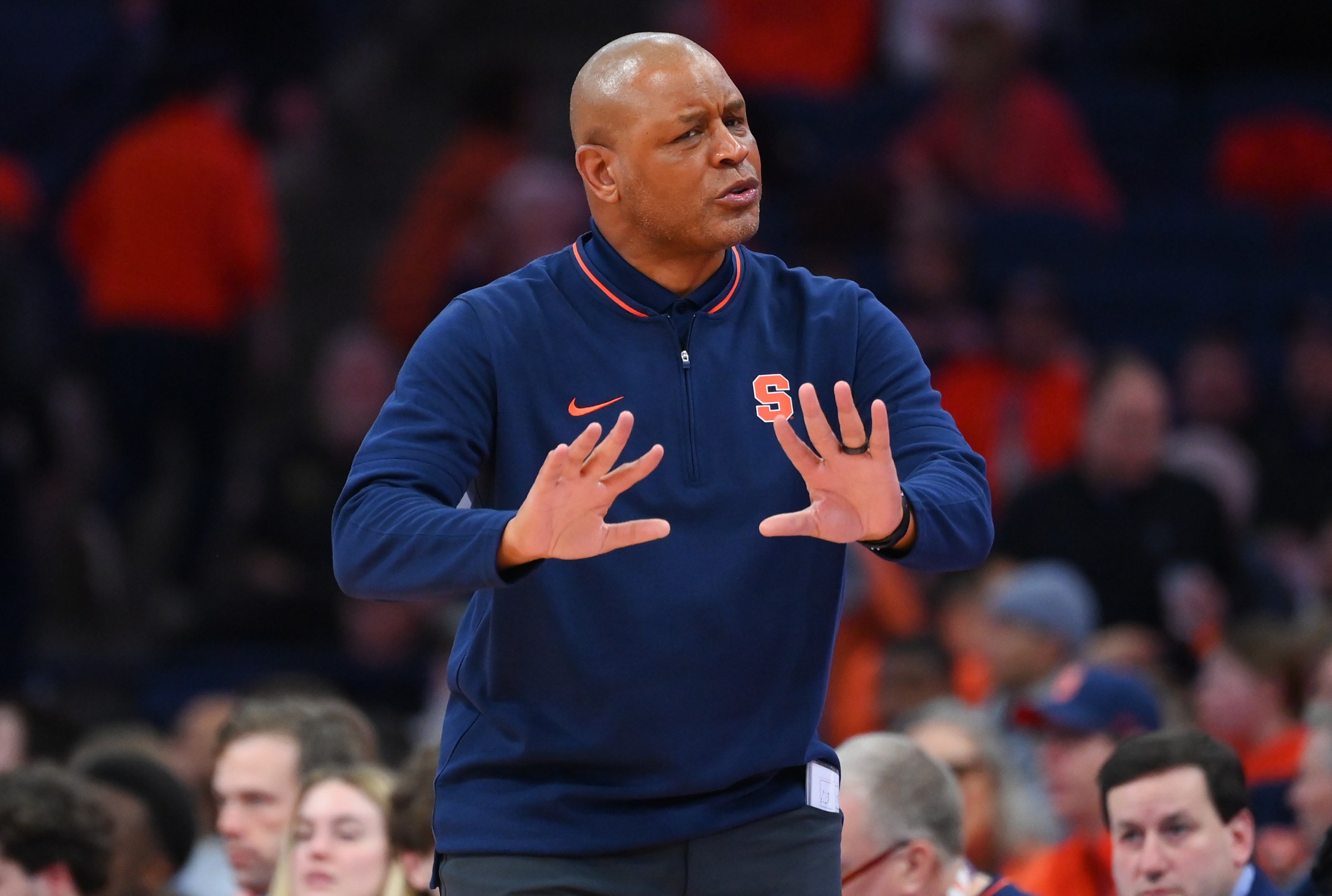 Mar 8, 2025; Syracuse, New York, USA; Syracuse Orange head coach Adrian Autry reacts to a call against the Virginia Cavaliers during the second half at the JMA Wireless Dome. Mandatory Credit: Rich Barnes-Imagn Images