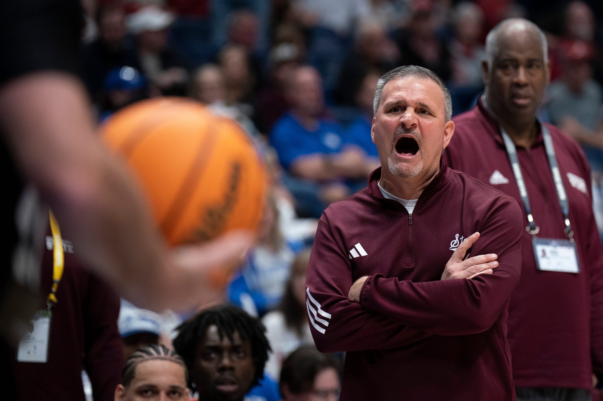 Mississippi State Head Coach Chris Jans has a discussion with the referee during their second round game of the SEC Men’s Basketball Tournament against Missouri at Bridgestone Arena in Nashville, Tenn., Thursday, March 13, 2025.