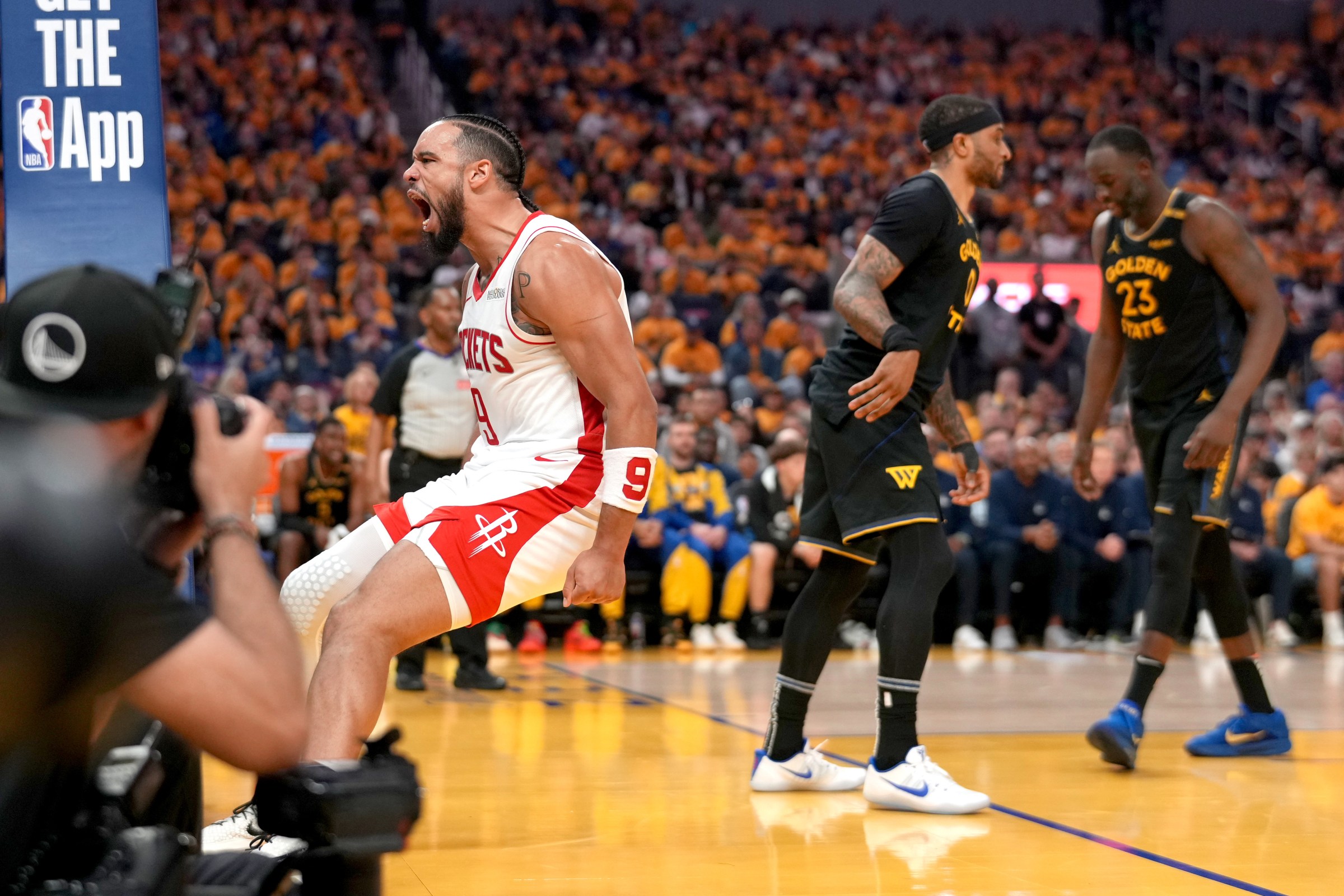 May 2, 2025; San Francisco, California, USA; Houston Rockets guard Dillon Brooks (9) reacts after dunking the ball against the Golden State Warriors in the second quarter of game six of the first round for the 2025 NBA Playoffs at Chase Center. Mandatory Credit: Cary Edmondson-Imagn Images