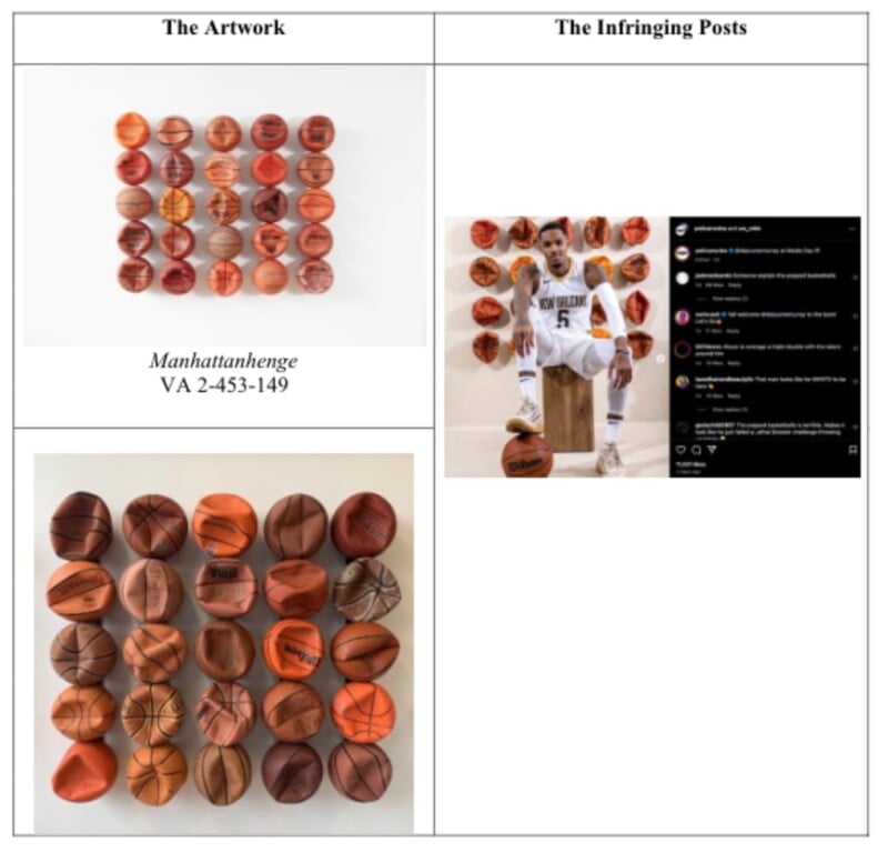 A grid of basketballs mounted on a wall is shown in two images on the left. On the right, a man poses in front of a similar basketball grid with the same arrangement, as seen in a social media post.