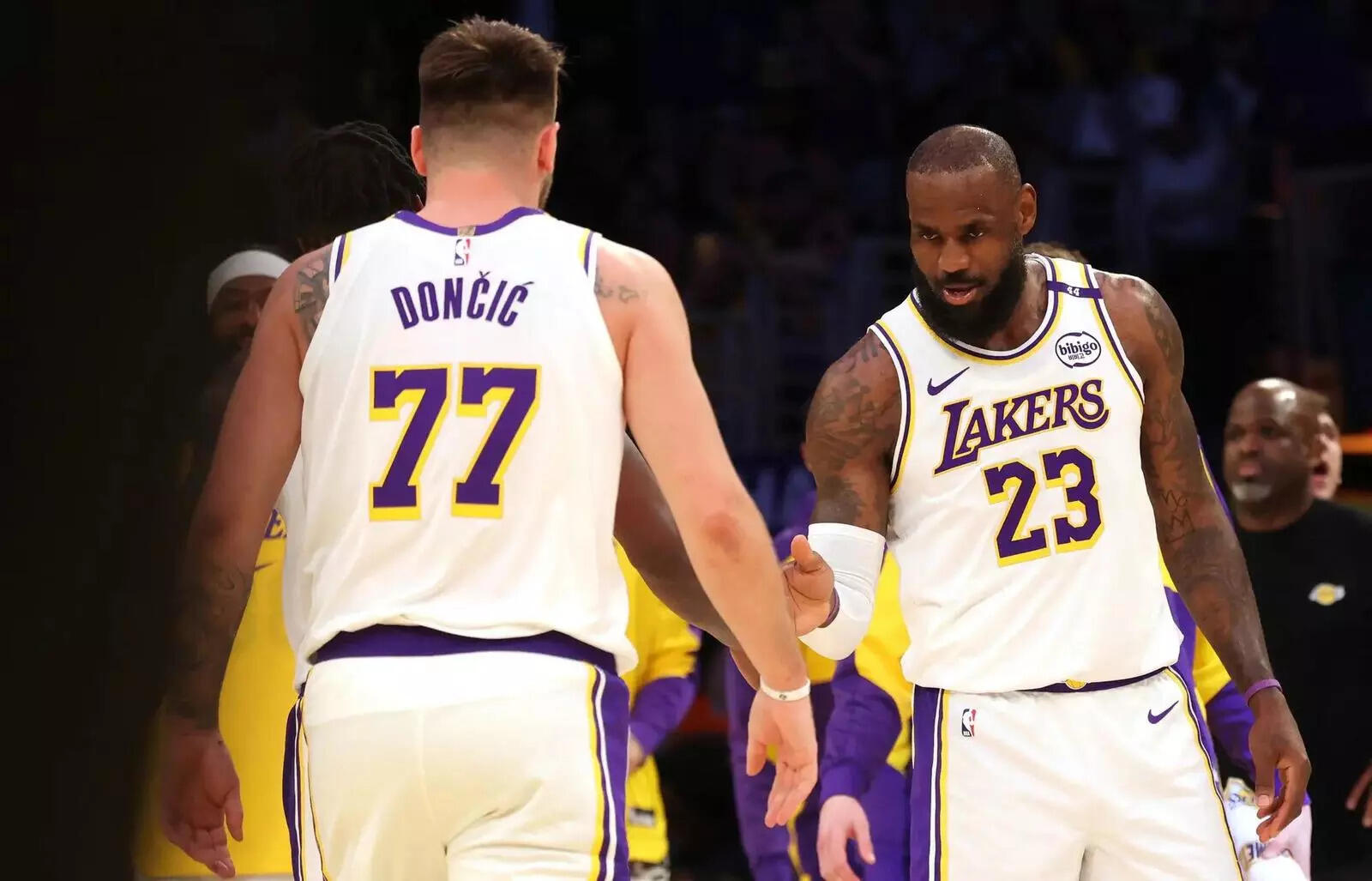 Luka Doncic and LeBron James (Image via Jason Parkhurst-Imagn Images). Los Angeles Clippers at Los Angeles Lakers