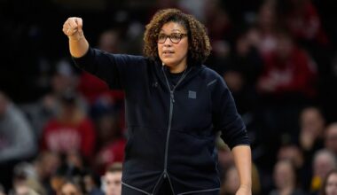 Wisconsin head coach Marisa Moseley directs her team during the first half of an NCAA college basketball game against Iowa, Jan. 16, 2024, in Iowa City, Iowa.