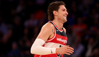 Mike Muscala #35 of the Washington Wizards celebrates his three point shot in the first half agains...