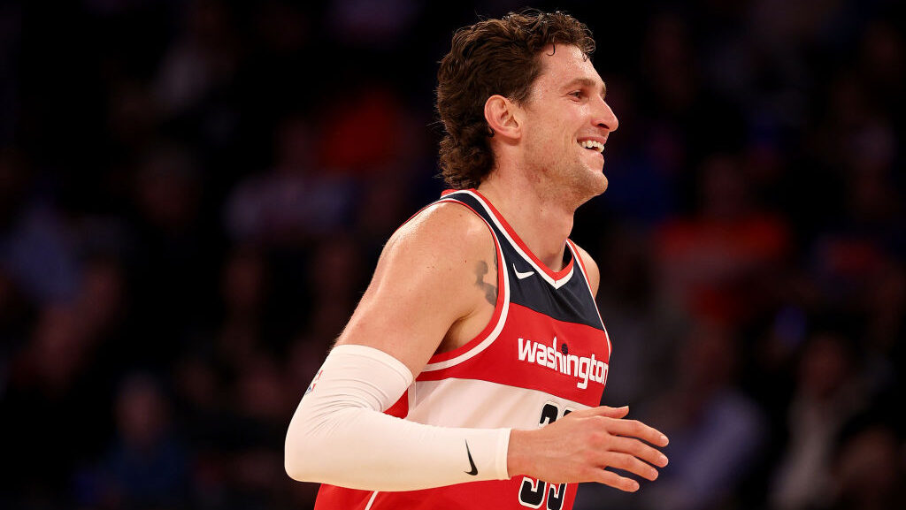 Mike Muscala #35 of the Washington Wizards celebrates his three point shot in the first half agains...