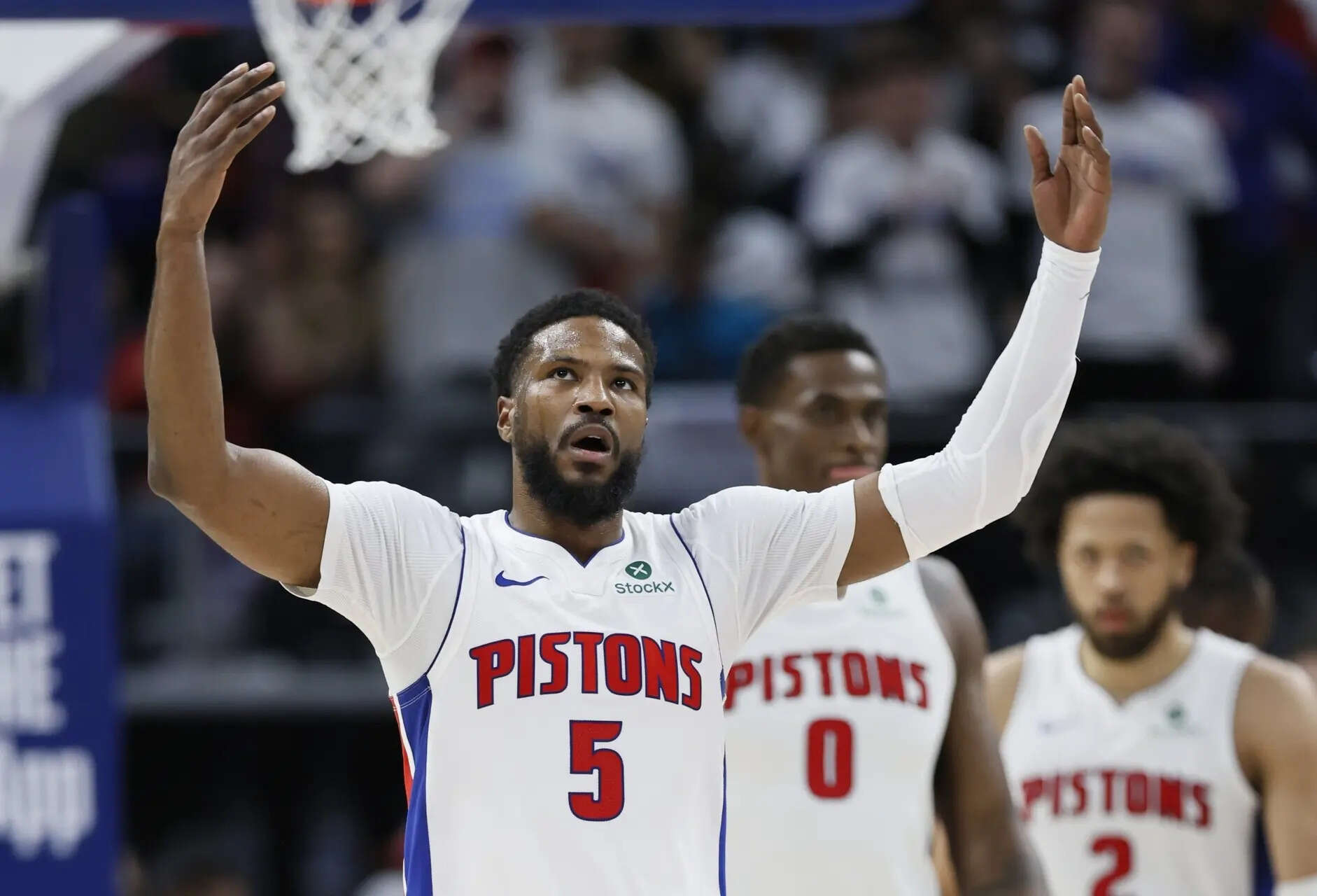 FILE - Detroit Pistons guard Malik Beasley (5) celebrates after scoring against the New York Knicks during the first half of Game 6 of an NBA basketball first-round playoff series Thursday, May 1, 2025, in Detroit. (AP Photo/Duane Burleson, File) NBA player Malik Beasley is no longer a target in federal gambling probe, according to report