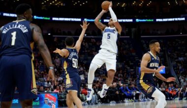 Magic forward Paolo Banchero, pictured soaring high for a shot against the Pelicans last season, and his teammates have high expectations for the 2025-26 season. (AP Photo/Matthew Hinton)