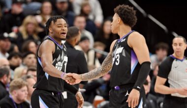 Utah Jazz guard Isaiah Collier (13) and Utah Jazz guard Keyonte George (3)...