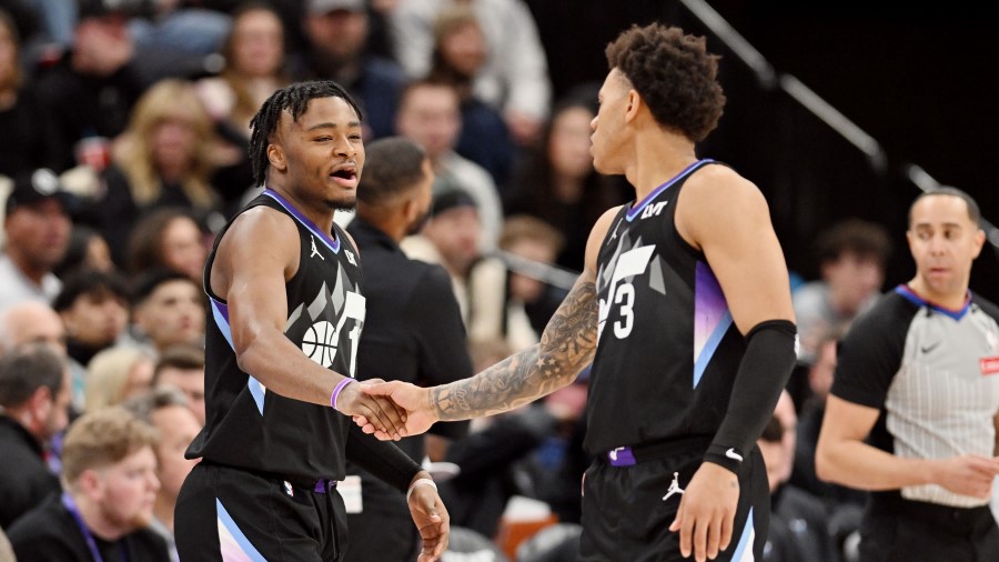 Utah Jazz guard Isaiah Collier (13) and Utah Jazz guard Keyonte George (3)...