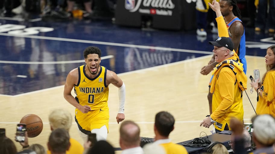 Indiana Pacers guard Tyrese Haliburton reacts after a play against the Oklahoma City Thunder in the NBA Finals. 