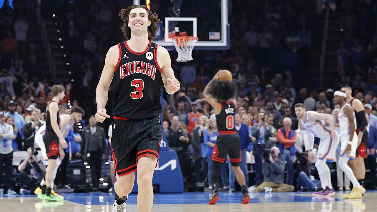 Mar 31, 2025; Oklahoma City, Oklahoma, USA; Chicago Bulls guard Josh Giddey (3) runs down the court between plays against the Oklahoma City Thunder during the first quarter at Paycom Center. Mandatory Credit: Alonzo Adams-Imagn Images