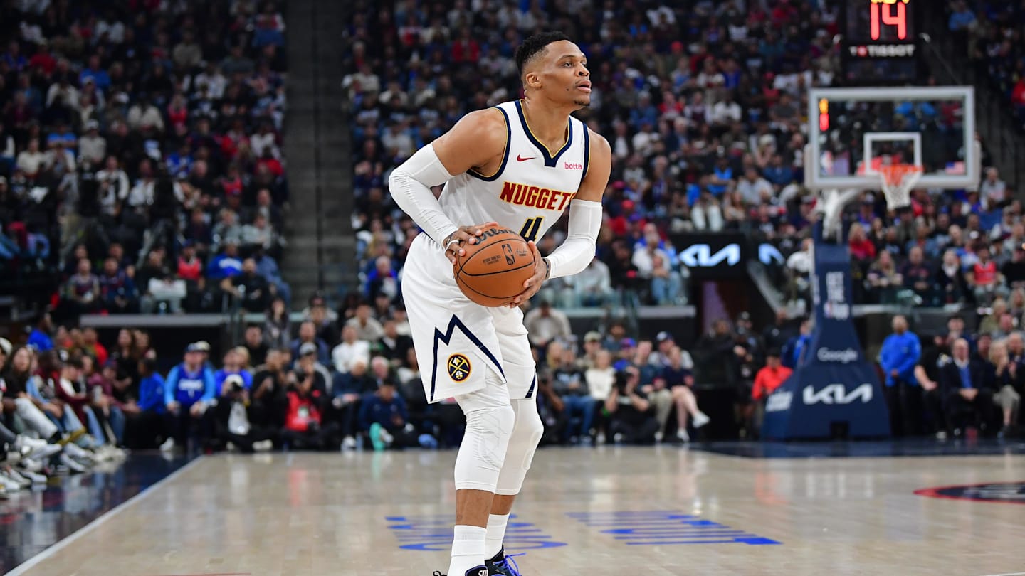 Apr 24, 2025; Inglewood, California, USA; Denver Nuggets guard Russell Westbrook (4) controls the ball against the Los Angeles Clippers during the first half of game three in the first round for the 2024 NBA Playoffs at Intuit Dome. Mandatory Credit: Gary A. Vasquez-Imagn Images