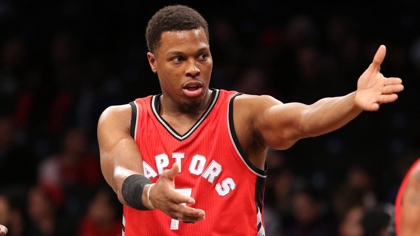 Feb 5, 2017; Brooklyn, NY, USA; Toronto Raptors point guard Kyle Lowry (7) argues with official James Williams (60) during the first quarter against the Brooklyn Nets at Barclays Center. Mandatory Credit: Brad Penner-Imagn Images