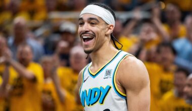 Indiana Pacers guard Andrew Nembhard (2) celebrates a made basket during game five of the first round of the 2024 NBA Playoffs against the Milwaukee Bucks at Gainbridge Fieldhouse.
