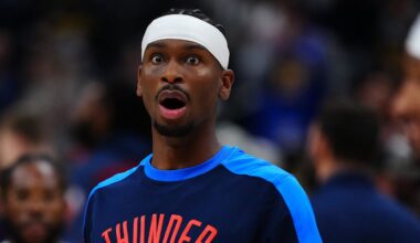 May 9, 2025; Denver, Colorado, USA; Oklahoma City Thunder guard Shai Gilgeous-Alexander (2) reacts before the game against the Denver Nuggets during game three of the second round for the 2025 NBA Playoffs at Ball Arena. Mandatory Credit: Ron Chenoy-Imagn Images