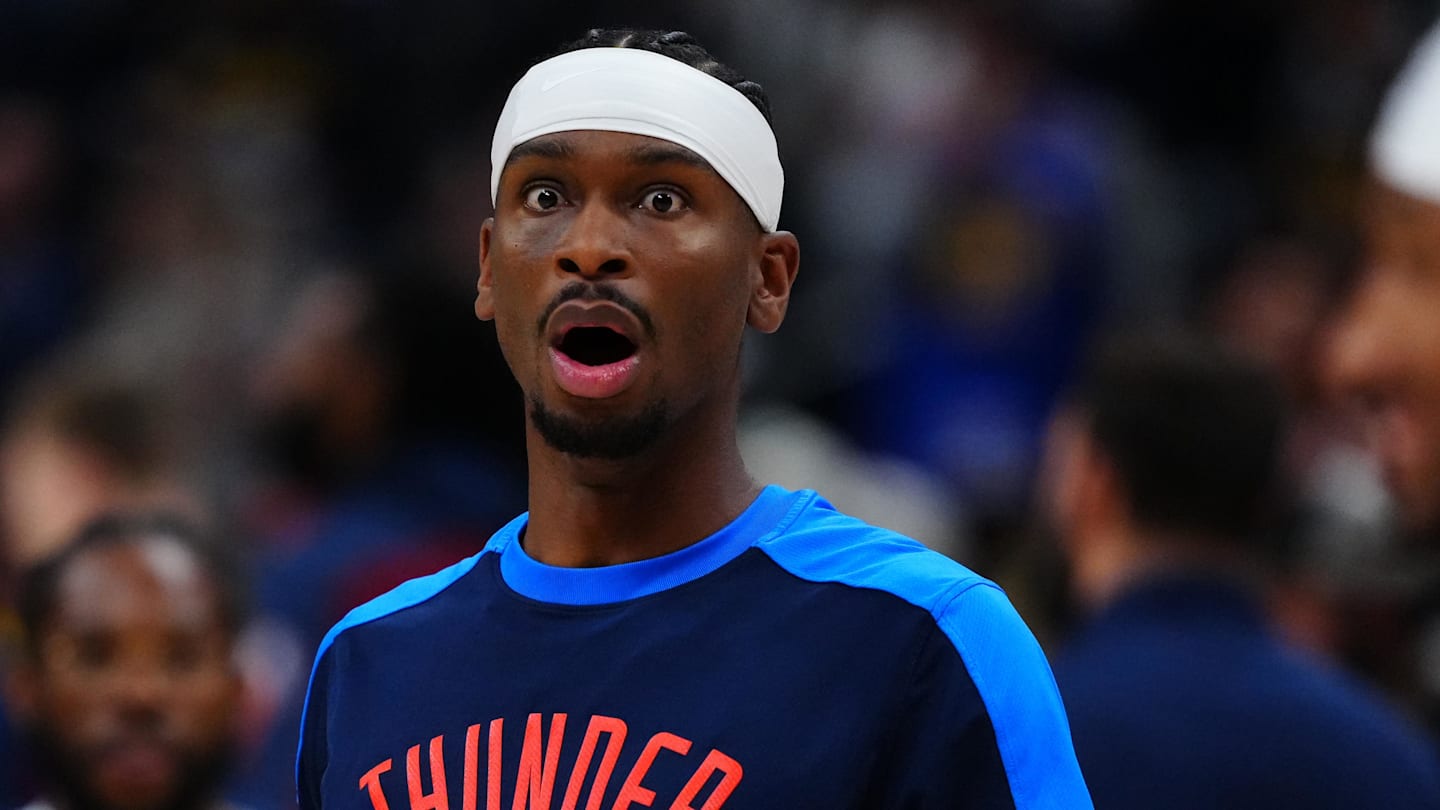 May 9, 2025; Denver, Colorado, USA; Oklahoma City Thunder guard Shai Gilgeous-Alexander (2) reacts before the game against the Denver Nuggets during game three of the second round for the 2025 NBA Playoffs at Ball Arena. Mandatory Credit: Ron Chenoy-Imagn Images