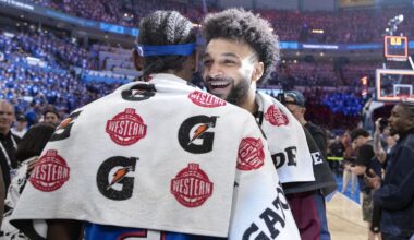 May 18, 2025; Oklahoma City, Oklahoma, USA; Denver Nuggets guard Jamal Murray (27) and Oklahoma City Thunder guard Shai Gilgeous-Alexander (2) hug after their game seven of the second round for the 2025 NBA Playoffs at Paycom Center. Mandatory Credit: Alonzo Adams-Imagn Images