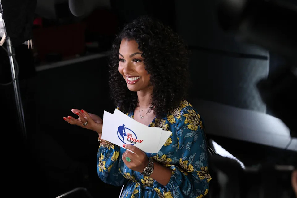BOSTON, MA - JUNE 15: Malika Andrews of NBA Today speaks with Andrew Wiggins #22 of the Golden State Warriors during practice and media availability as part of the 2022 NBA Finals on June 15, 2022 at TD Garden in Boston, Massachusetts. Copyright 2022 NBAE (Photo by Joe Murphy/NBAE via Getty Images)Joe Murphy/Getty Images