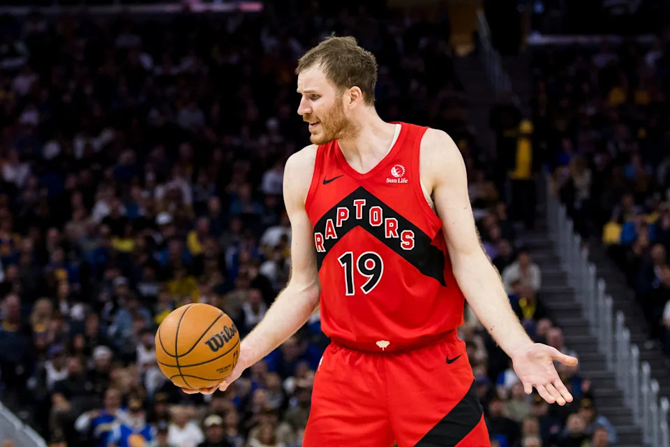 Mar 20, 2025; San Francisco, California, USA; Toronto Raptors center Jakob Poeltl (19) reacts during the fourth quarter against the Golden State Warriors at Chase Center. Mandatory Credit: John Hefti-Imagn Images