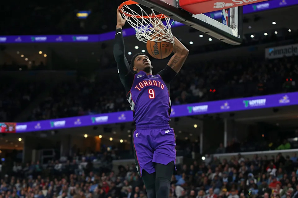 Dec 26, 2024; Memphis, Tennessee, USA; Toronto Raptors guard RJ Barrett (9) dunks during the third quarter against the Memphis Grizzlies at FedExForum. Mandatory Credit: Petre Thomas-Imagn Images