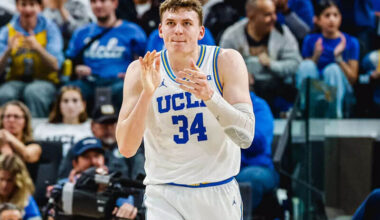 UCLA forward Tyler Bilodeau reacts to a play.