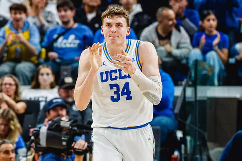UCLA forward Tyler Bilodeau reacts to a play.