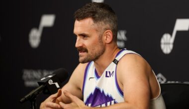 Utah Jazz forward Kevin Love (42) speaks to media during the Utah Jazz media day...