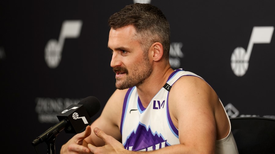 Utah Jazz forward Kevin Love (42) speaks to media during the Utah Jazz media day...