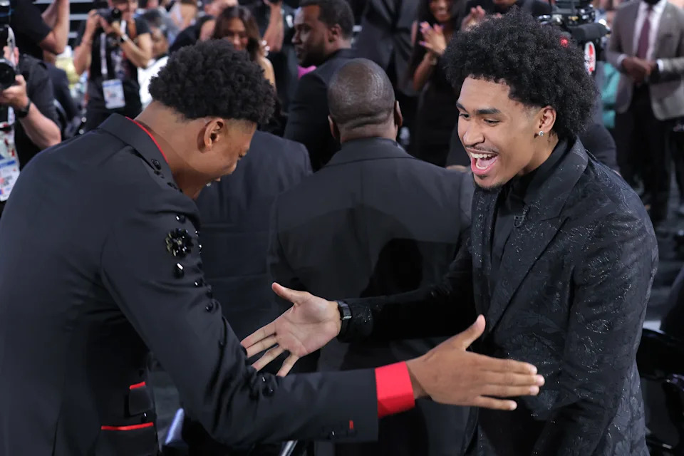 Jun 25, 2025; Brooklyn, NY, USA; Dylan Harper celebrates with Ace Bailey after being selected as the second pick by the San Antonio Spurs in the first round of the 2025 NBA Draft at Barclays Center. Mandatory Credit: Brad Penner-Imagn Images