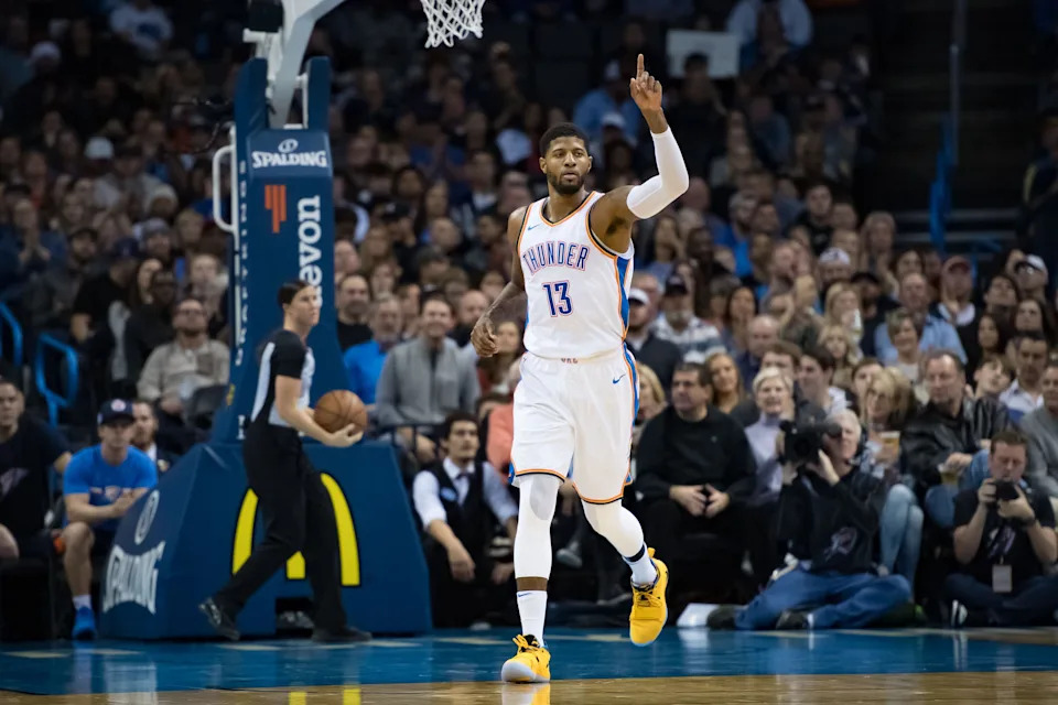 Dec 15, 2018; Oklahoma City, OK, USA; Oklahoma City Thunder forward Paul George (13) reacts after a basket against the LA Clippers during the second quarter at Chesapeake Energy Arena. Mandatory Credit: Rob Ferguson-USA TODAY Sports