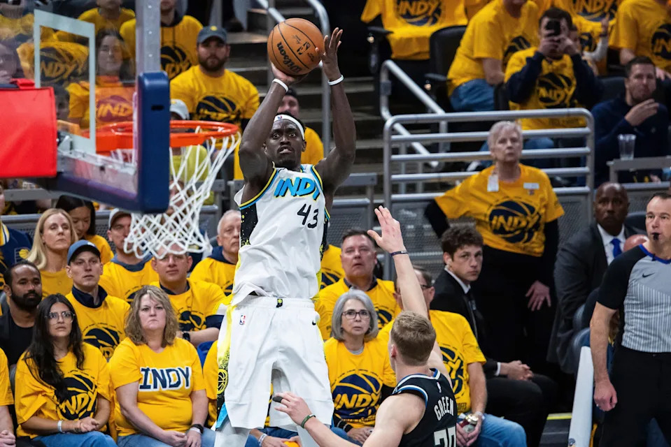 Apr 19, 2025; Indianapolis, Indiana, USA; Indiana Pacers forward Pascal Siakam (43) shoots the ball while Milwaukee Bucks guard AJ Green (20) defends in the second half at Gainbridge Fieldhouse. Mandatory Credit: Trevor Ruszkowski-Imagn Images